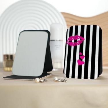 Imagem de Espelho de maquiagem portátil com estampa labial estilo milenar, mini espelho de maquiagem portátil dobrável, espelho de contorno quadrado portátil com flip vertical, adequado para todos em várias