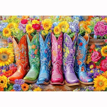 Imagem de Blueforest Lindos Quebra-Cabeças De Botas E Flores Para Adultos, 1000 Peças, Arte Vintage Colorida Divertida, Quebra-Cabeça Vibrante Desafiador A Família Com Letras No Verso, Presente Meninos Menina
