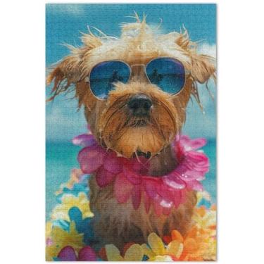 Imagem de Quebra-cabeça fofo cachorro de praia 1000 peças adulto engraçado grande quebra-cabeça animal arte colorida, 75 x 40 centímetros