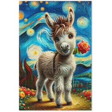 Imagem de Quebra-cabeça de burro fofo de noite estrelada 500 peças para presentes de elefante branco para adultos quebra-cabeças grandes engraçados brinquedos familiares obras de arte, 50 x 35 cm