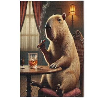 Imagem de Quebra-cabeças para adultos 1000 peças fofo capivara uísque lounge divertido bobo legal grande cenário arte animal, 1000 peças, 75 x 50 cm
