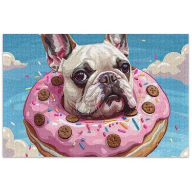 Imagem de Quebra-cabeças de desenho animado buldogue francês donut 1000 peças pintura de arte adulto paisagem quebra-cabeça amigos família jogos presentes