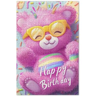 Imagem de Quebra-cabeça de aniversário de urso rosa fofo 500 peças para adultos pintura a óleo paisagem presentes masculinos únicos engraçados, 50 x 35 centímetros