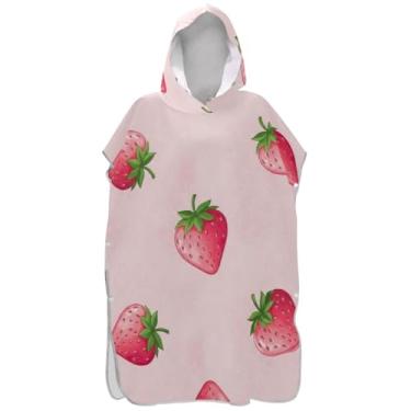Imagem de Joisal Poncho de surfe plus size para adultos trocador de roupão de praia moletom toalha de natação bonito morango rosa homens mulheres poncho com capuz
