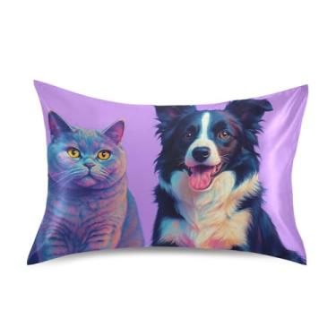 Imagem de Fronhas de cetim Cool Print Padrão King Queen Travesseiros Slips Room Estética Fronha Slip Queen Size 76.2 cm x 50.8 cm Cute Cartoon Cat Dog Roxo