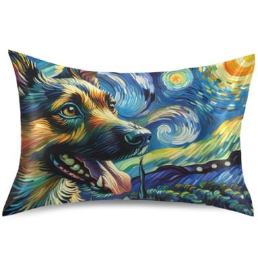 Imagem de Capa de almofada de cetim com estampa de cachorro fofo e noite estrelada capas de travesseiro padrão queen king size arte fofa almofada de cama macia, tamanho king, 101,6 cm x 50,8 cm