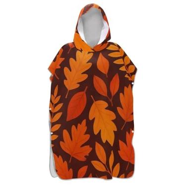 Imagem de TSENQUE Roupão de mudança de poncho de surfe para adultos toalhas de banho com capuz vestíveis folhas de outono laranja escuro ponchos adultos para mulheres