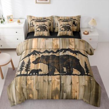 Imagem de Erosebridal Jogo de lençol casal com cama de urso de cabana em uma bolsa | Jogo de cama rústica de caça na selva com 7 peças, madeira e animais, casa de fazenda, campo, porta de celeiro, respirável
