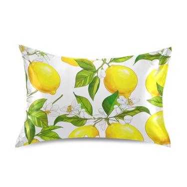 Imagem de Fronhas fofas amarelas limões verdes folhas brancas padrão king queen almofadas de cetim refrescante para cama de casa sofá floral king size 101,6 cm x 50,8 cm