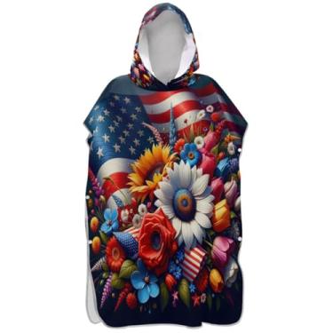Imagem de Joisal Poncho de surfe para adultos trocador de roupão de banho toalhas com capuz absorvente masculino poncho com capuz flor bandeira americana