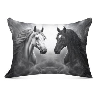 Imagem de Fronha de almofada com zíper preto e cinza cavalo branco legal poliéster padrão queen king tamanho corporal fronha colorida grande, tamanho king, 50,8 cm x 101,6 cm