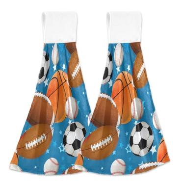 Imagem de Bolas de basquete esportivas futebol azul outono pendurado prato toalhas de mão toalhas de forno personalizadas com ponta de dedo conjunto de 2 toalhas de cozinha decorativas macias absorventes, 46 x