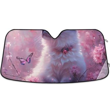 Imagem de Toldo de sol personalizado gato siamês flor de cerejeira para para-brisa de carro persianas dobráveis engraçadas para janelas dianteiras floral automotivo retrátil M, 139,7 cm x 70,1 cm