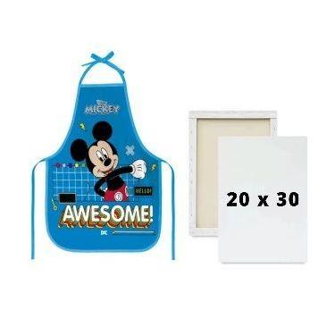 Imagem de Kit Avental Escolar PVC Mickey Azul + Tela de Pintura 20x30 - Dac