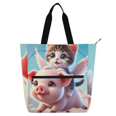 Imagem de Bolsa feminina de tecido de lona com gatinho, gato, porco, bolsa de trabalho, universidade, escola, utilitário, escritório, livros, presentes
