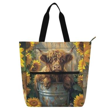 Imagem de GAIGEO Lindas bolsas de trabalho de vaca e girassol para mulheres, bolsa de lona com zíper, bolsa de praia para crianças, bolsas fofas para amantes de livros