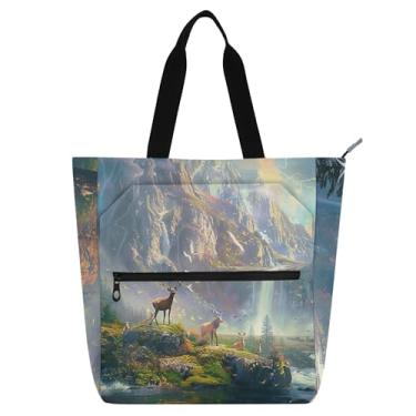 Imagem de Sacola feminina com pintura artística de paisagem de veado para trabalho, lona, praia, escola, bolsas fofas para crianças, presente para amantes de livros