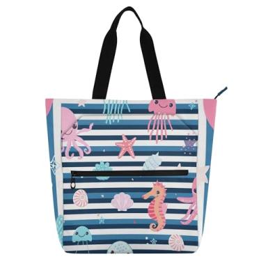 Imagem de GAIGEO Linda bolsa de trabalho feminina com desenho animado de animais marinhos polvo, bolsa escolar de lona para professores, presente para amantes de livros