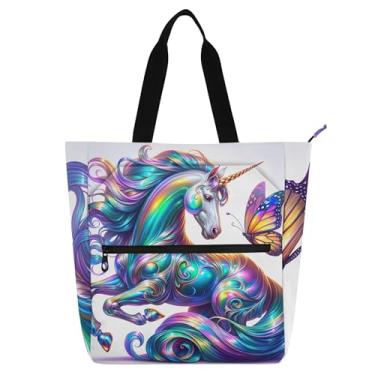 Imagem de GAIGEO Bolsa feminina iridescente de unicórnio, bolsa de trabalho de lona com zíper, bolsa de praia para professores com compartimentos