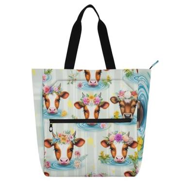 Imagem de GAIGEO Linda bolsa de trabalho com coroas de flores de vaca para mulheres bolsa de lona para livros de praia com zíper bolsas fofas com compartimentos