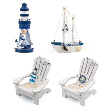 Imagem de JQAQJU Cadeira de praia de madeira de 10 cm, veleiro de farol, 4 peças, mini decoração náutica, decorações do oceano costeiro e ornamento de praia para mesa de banheiro