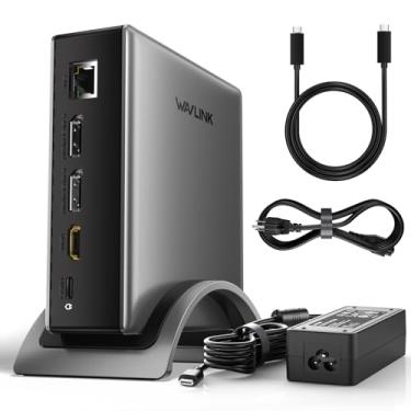 Imagem de Estação de ancoragem USB C, estação de ancoragem PD3.1, 3 monitores com 2 DP + HDMI, 8K @30Hz/4K @ 144Hz, carregador de 140 W, USB-C 10 Gbps, 2 USB-A de 5 Gbps, áudio/microfone Gigabit Ethernet para