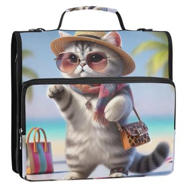 Imagem de Fichário engraçado gato fashion gatinho 3,8 cm 3 anéis com zíper e alça de ombro para carteira escolar, suporte de 500 folhas