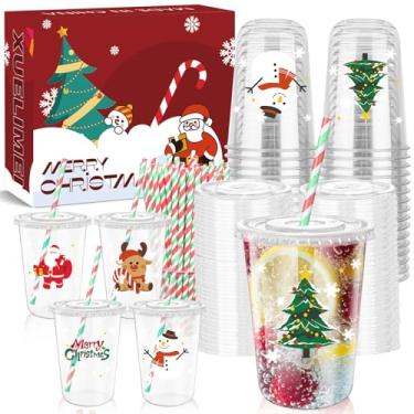 Imagem de Xuelimei Copos de plástico descartáveis de Natal de 473 ml com tampas e canudos - Árvore de Natal, Papai Noel, Rena, Bebidas geladas, Café, Cerveja, Bebidas, Sorvete, Copos para Artigos de Festa de