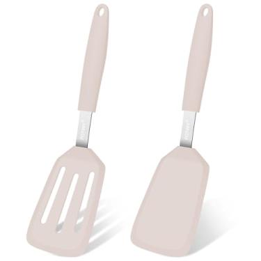 Imagem de POTWIY Conjunto de 2 espátulas de silicone, utensílios de cozinha resistentes ao calor de 315 °C, antiaderentes e livres de BPA, espátula flexível sólida e ranhurada para cozinhar ovos e panquecas