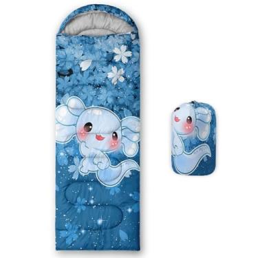Imagem de QOOMO Kawaii Axolotl Sacos de dormir impermeáveis para adultos e crianças, sacos de dormir impressos para acampamento, clima quente e frio para 3 estações, leve, viagens e ao ar livre, equipamentos de