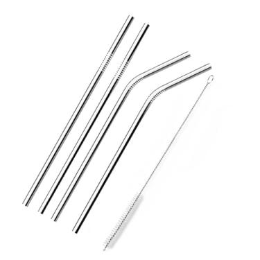 Imagem de Combo 08 Canudos Inox Curvos com Escova Ecológico Reutilizáveis Laváveis 21 cm para Churrascos, Praias e Refeições em Família, Adaptado ao Estilo Brasileiro(Kit com 04 Canudos)