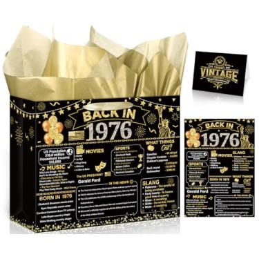Imagem de Yoirrat Bolsa de presente de aniversário de 50 anos de ouro preto vintage 1976 com cartões comemorativos, saco de papel de embrulho de 50 anos para mulheres e homens, artigos de festa de 50 anos (1976