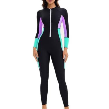Imagem de HISETPFDE Maiô feminino com zíper frontal Rash Guard manga comprida controle de barriga surf esportivo roxo