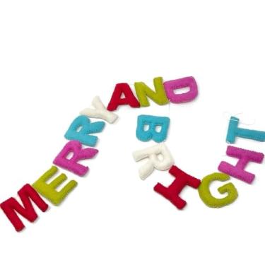 Imagem de Faixa de feltro Merry and Bright pré-amarrada reutilizável guirlanda de feliz natal, decoração de manto de Natal vintage, adereço para foto (cereja brilhante)