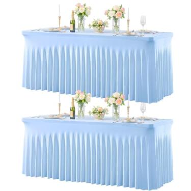 Imagem de Toalha de mesa azul bebê para mesas retangulares de 1,8 m, capa de mesa elástica de elastano com saia para chá de bebê, festa de aniversário, banquete, babados, toalha de mesa de casamento, saia de