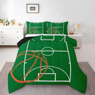 Imagem de Erosebridal Jogo de cama casal de basquete, para crianças, meninos, meninas, adolescentes, jogos verdes, quadra de basquete, edredom para decoração de quarto com 2 fronhas