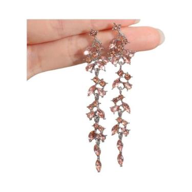 Imagem de Brincos Longos De Franjas Com Diamante Em Forma De Folha Para Mulheres