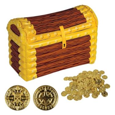 Imagem de Beistle Conjunto de decoração de tesouro pirata – Cooler inflável de baú do tesouro e moedas de plástico dourado, suprimentos de festa náutica para aniversários, festas na piscina, caçadas de aventura