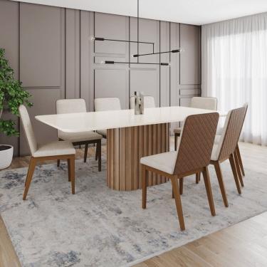 Imagem de Conjunto Mesa Solana 200cm com Vidro 08 Cadeiras Pietra Marrom/Off White/Caramelo