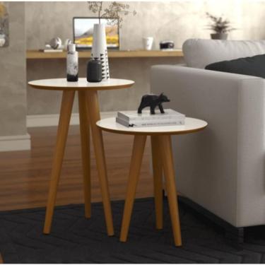 Imagem de Conjunto 2 Mesas Laterais Pés Palito Em Madeira 4301 Sala Off White-freijo