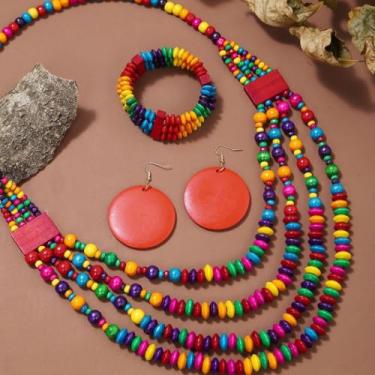 Imagem de Conjuntos de joias para mulheres, estilo boêmio, étnico, multicolorido, multicamadas, contas, colar, pulseira, brincos pendurados, conjunto de joias, presentes, One Size, Madeira, Sem Pedra Preciosa