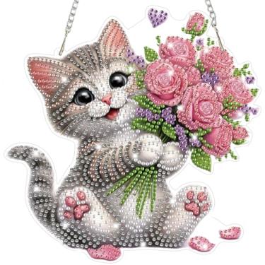 Imagem de Bowetile Kits de pendurar arte de diamante de gato para adultos, arte de diamante, apanhadores de sol, flores, 5D, formato especial, pintura de diamante, pingente de janela, enfeite de janela