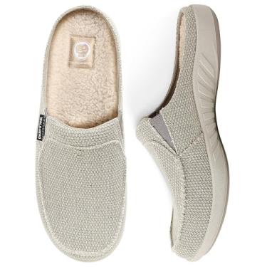 Imagem de Pantufas masculinas com suporte de arco, chinelo de lona para casa masculino com forro de veludo, sapato para usar em casa com sola de borracha antiderrapante para uso interno e externo, Beige ( Built-in Fleece Insoles ), 10.5