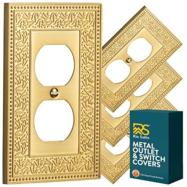 Imagem de Rio Salto Placa de parede de pérola botânica, capa de interruptor de luz de metal dourado, capas de tomada decorativas para interruptor de placa de luz (ouro de latão escovado, 1 duplex 4PK)