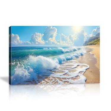 Imagem de Kpasnd Arte de parede com ondas do oceano, imagens da natureza da praia do mar azul para sala de estar, quarto e escritório