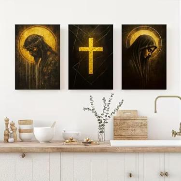 Imagem de 3 peças Jesus e Nossa Senhora Cruz Arte de Parede Inspiradora Religiosa Cristã Ouro Luz Sagrada Impressão Pintura Decoração de Casa Adequado para Sala de Estar Quarto Igreja Sala de Oração 30,5 x 40,6