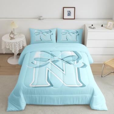 Imagem de jejeloiu Jogo de cama infantil com laço azul kawaii, tamanho king, letra N, fofo, laço de coquete, edredom macio, inicial N, monograma, decoração de quarto