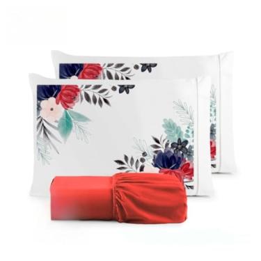 Imagem de Kit Jogo De Cama Lençol Liso Fronha Estampada Micropercal 400 Fios Ponto Palito(Flor Vermelha Lençol Vermelho,Casal Queen 03 Peças)