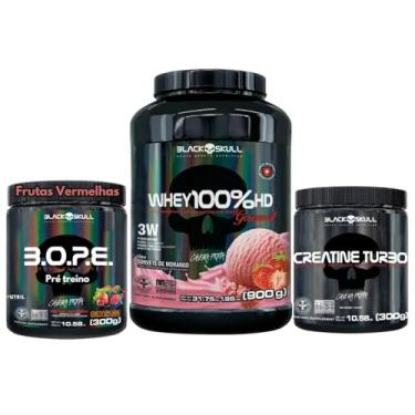 Imagem de WheyProtein + Creatina Monohidratada + Pré-Treino - Whey 100% Hd Pote 3w 900g Gourmet Sem Lactose - Black Skull Sabor Sorvete De Morango + Creatina Monohidratada Turbo 300g + Pré-Treino B.O.P.E 300g - Black Skull (Whey Gourmet Morango - B.O.P.E Frutas Vermelhas