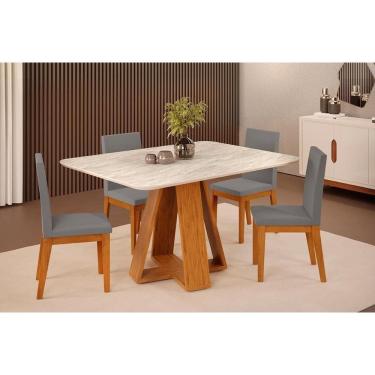 Imagem de Conjunto: Mesa Sala Jantar Celeste c/ Tampo Madeirado c/ Vidro Curvo 120x90cm e 4 Cadeiras Suzy Freijo/Off White - Suede Lunar - DJ Móveis